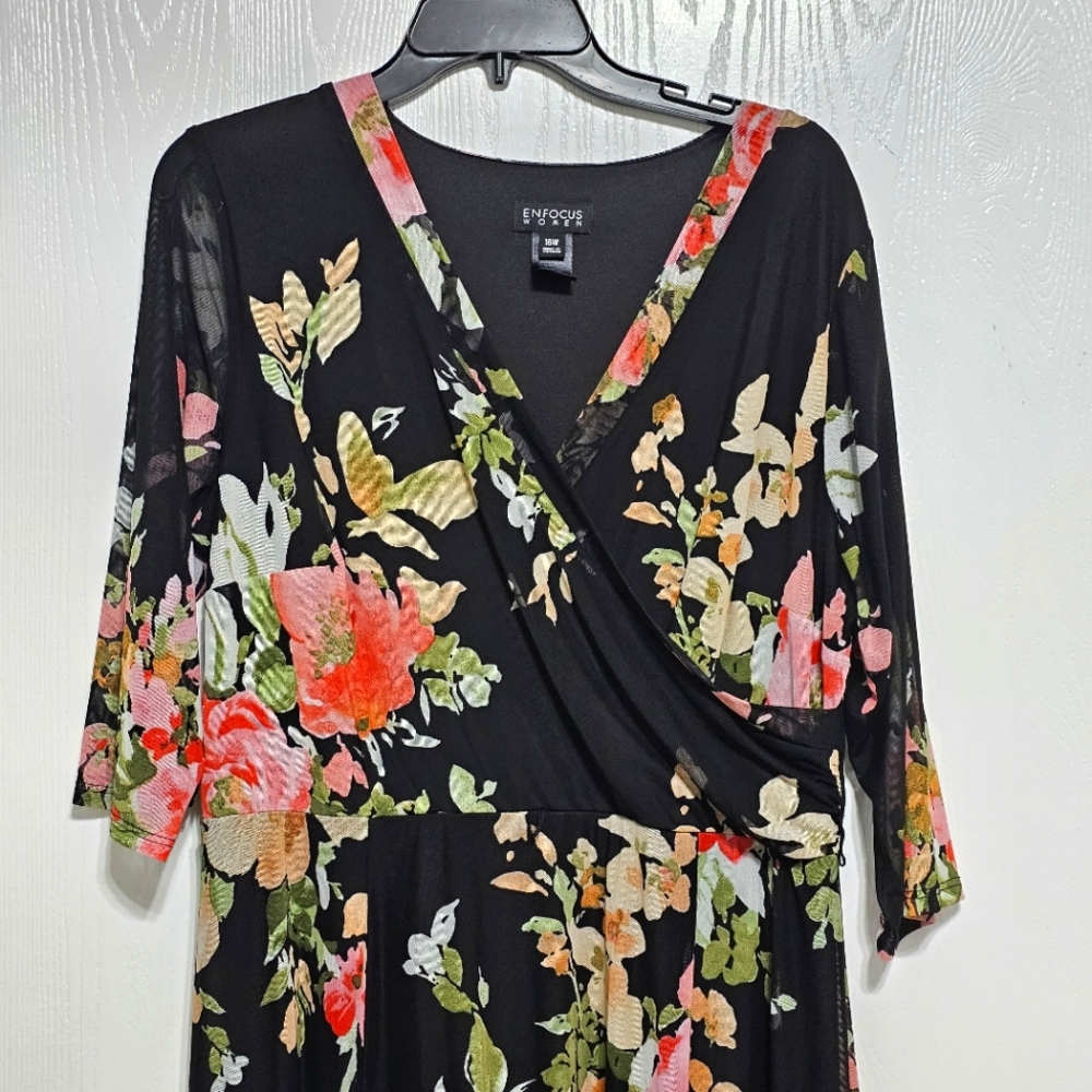 Enfocus Maxi Beautiful Black Floral Dress Full Skirt Size 16W